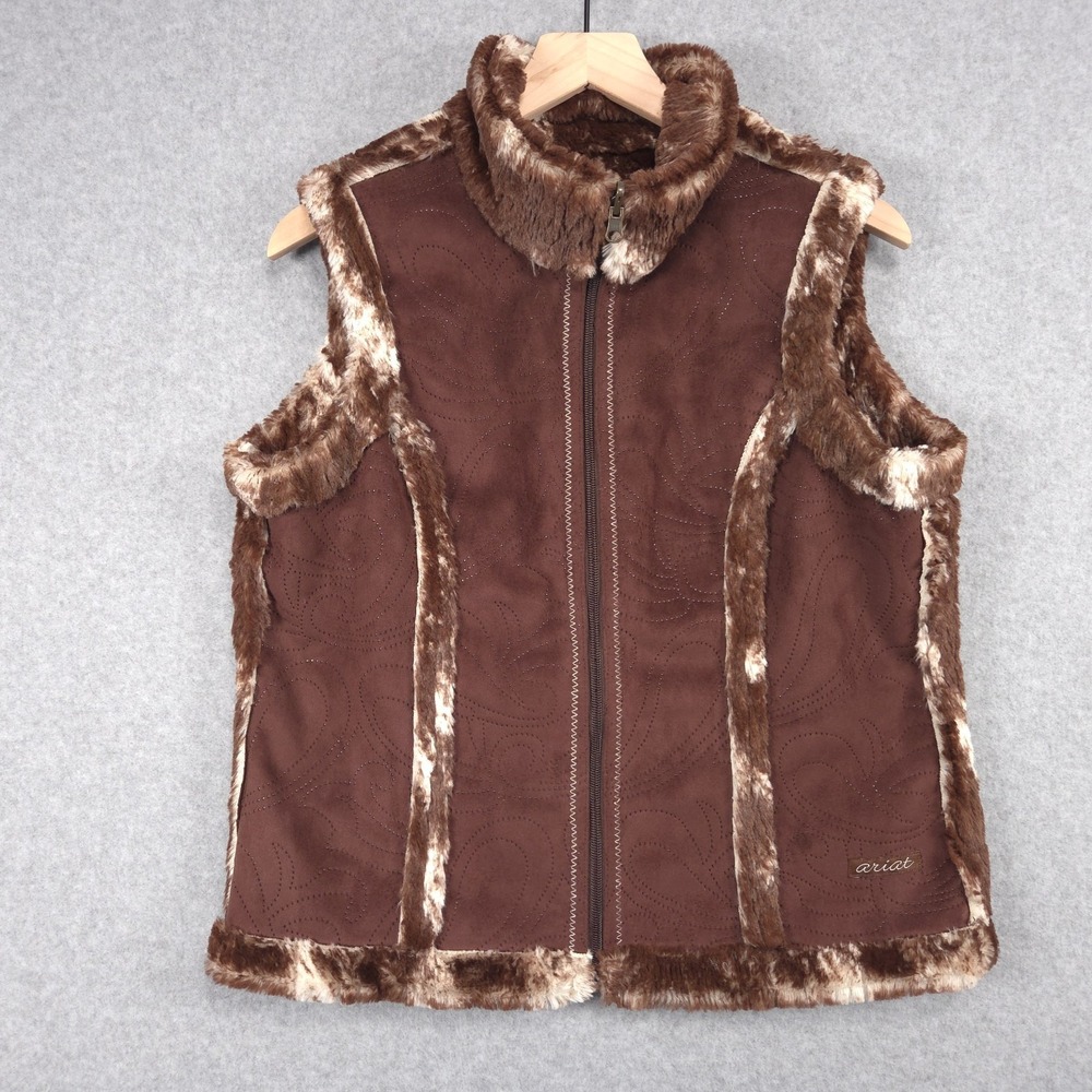 Ariat Womens Size XL Brown Reversible Faux Fur Shearling Vest Western